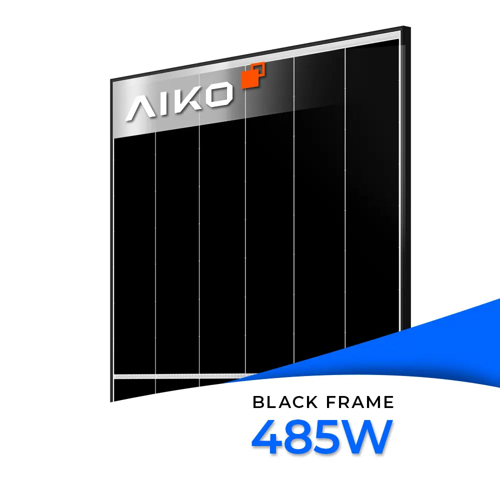 AIKO Neostar 2P+48 Glas-Glas Solarmodul mit 485 W Leistung, schwarzem Aluminiumrahmen und moderner N-Typ ABC-Technologie, dargestellt in einer schlichten schwarzen Frontansicht.