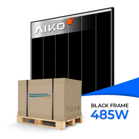 AIKO Neostar 2P+48 Glas-Glas Solarmodul mit 485 W Leistung, schwarzem Aluminiumrahmen und moderner N-Typ ABC-Technologie, dargestellt in einer schlichten schwarzen Frontansicht.