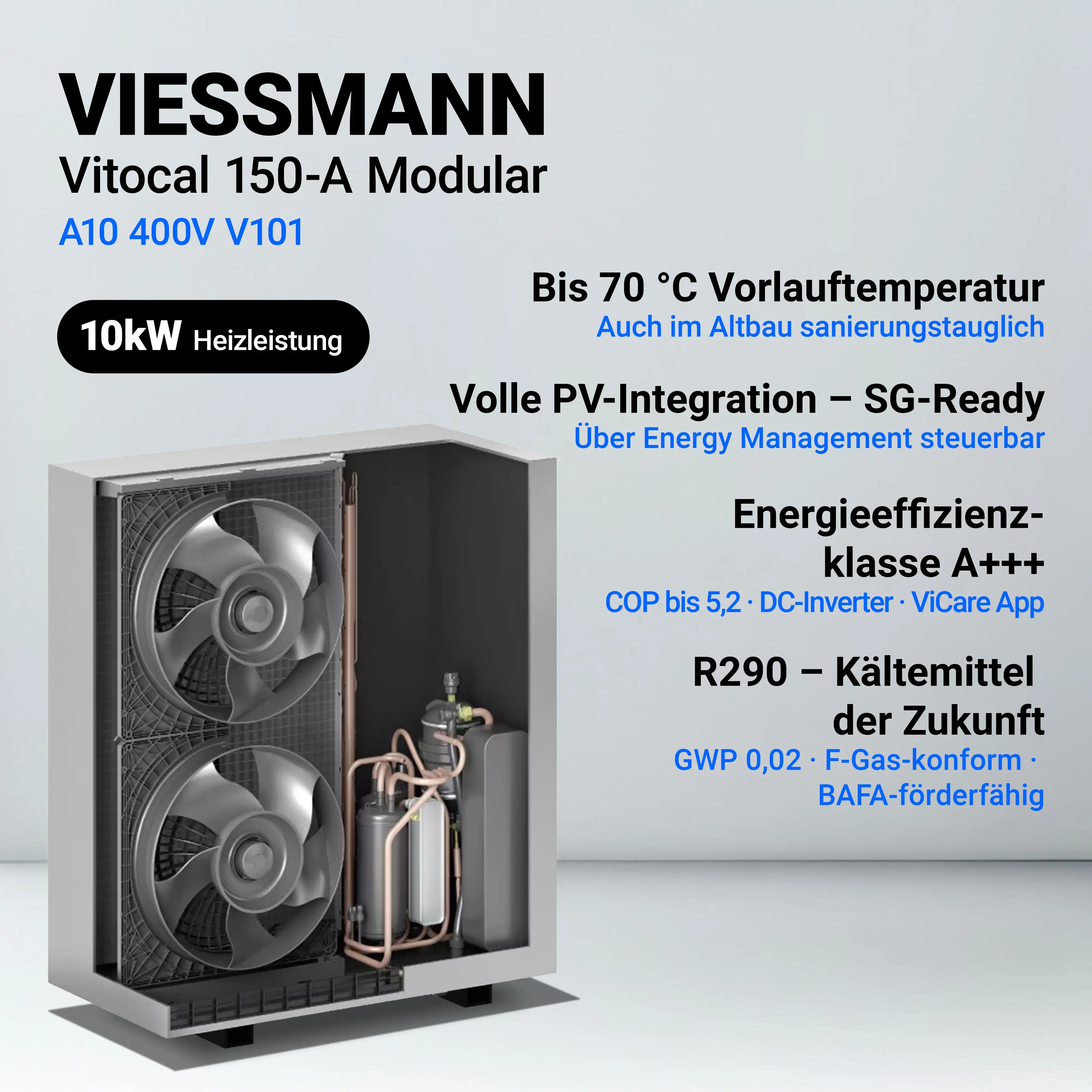Infografik der Viessmann Vitocal 150-A Wärmepumpe (10 kW) mit detaillierter Darstellung der Montagehilfe Comfort.