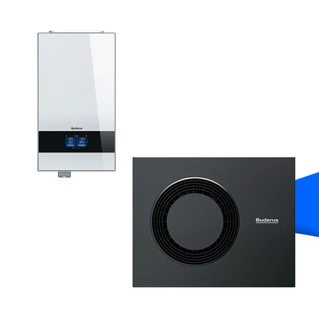 Die Buderus Logaplus M WLW186i-10 AR E W WLW186i-12 E ist eine leistungsstarke und energieeffiziente Luft-Wasser-Wärmepumpenlösung für die moderne Beheizung von Wohngebäuden. Abbildung in Weiß