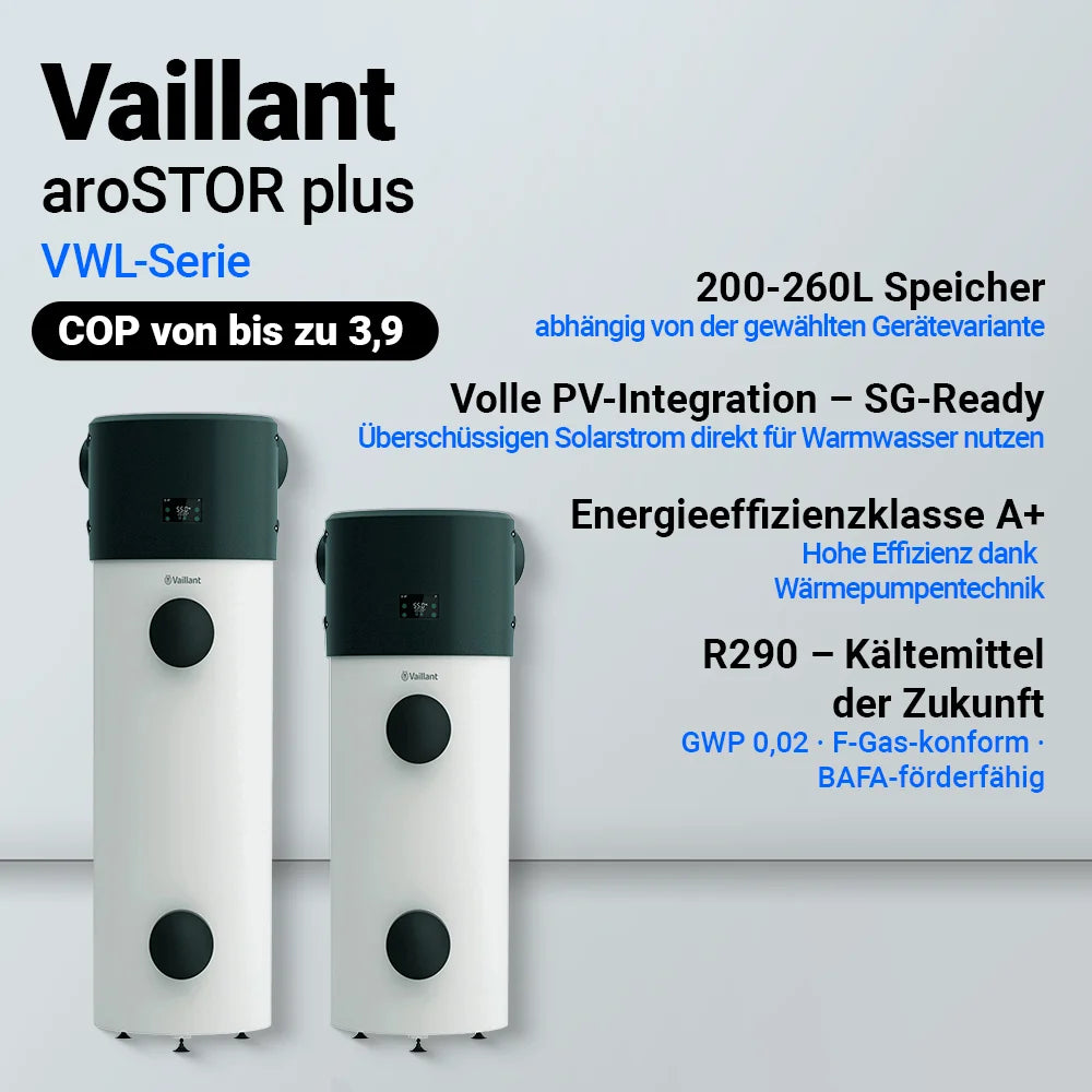 Vaillant aroSTOR plus VWL B 200/6 230V Warmwasserwärmepumpe – 202 Liter / 200-260 L Speicher, volle PV-Integration - SG Ready, Energieeffizienzklasse A+, R29 - Kältemittel der Zukunft
