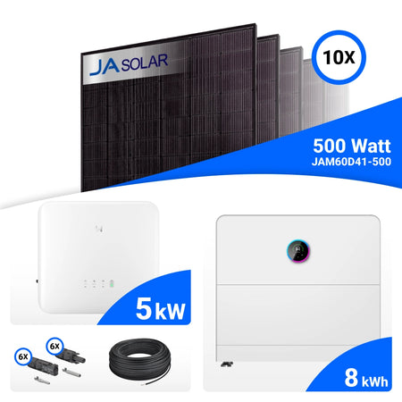 PV-Komplettset 5 kWp mit 10 JA Solar 500 W Full Black Modulen und GoodWe ESA All-in-One-System mit GW8-Speicher, 8 kWh