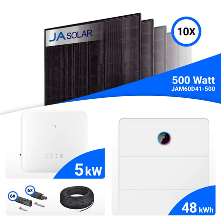 PV-Komplettset 5 kWp mit 10 JA Solar 500 W Full Black Modulen und GoodWe ESA All-in-One-System mit GW8-Speicher, 48 kWh