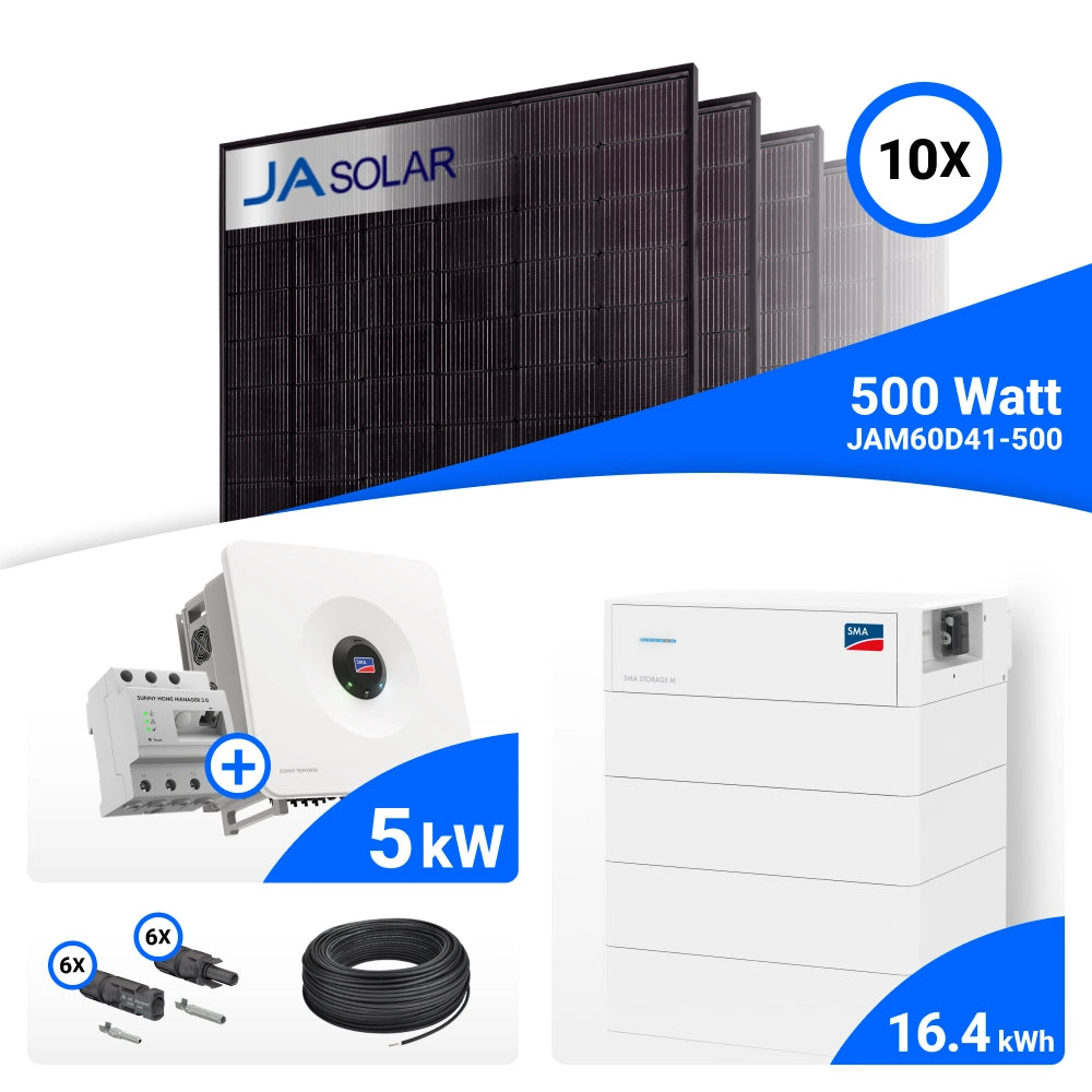 PV-Komplettset 5 kWp mit 10 JA Solar 500 W Full Black Modulen, SMA Sunny Tripower Hybrid X 5.0 und SMA Storage M Speicher mit 16,4 kWh, mit Backup-Box
