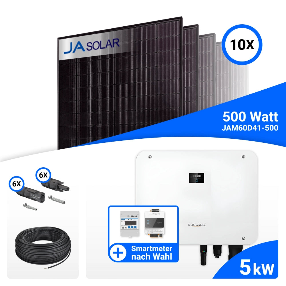 PV-Komplettset 5 kWp mit 10 JA Solar 500 W Full Black Modulen, Sungrow SH5T und Sungrow Smart Meter DTSU666-20, ohne Speicher