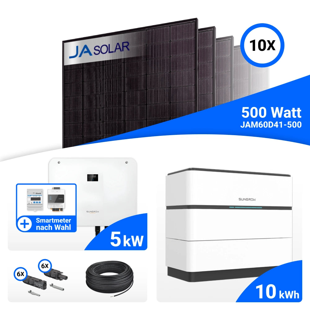 PV-Komplettset 5 kWp mit 10 JA Solar 500 W Full Black Modulen, Sungrow SH5T, Sungrow Smart Meter DTSU666-20 und Sungrow SBH100 Speicher