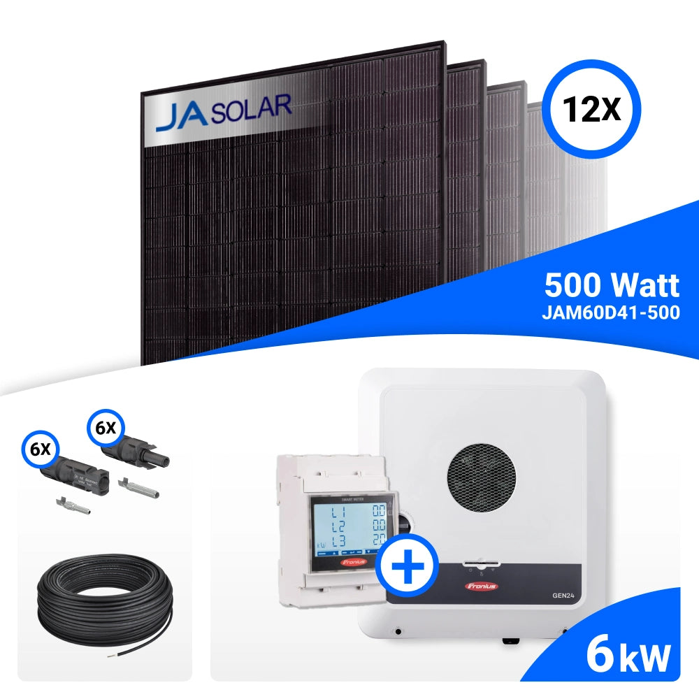 PV-Komplettset 6 kWp mit 12 JA Solar 500 W Full Black Modulen und Fronius SYMO-GEN24 6.0 Plus SC, ohne Speicher