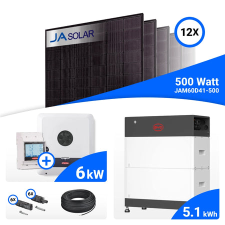 PV-Komplettset 6 kWp mit 12 JA Solar 500 W Full Black Modulen, Fronius SYMO-GEN24 6.0 Plus SC und BYD HVS+ Speicher mit 5,1 kWh