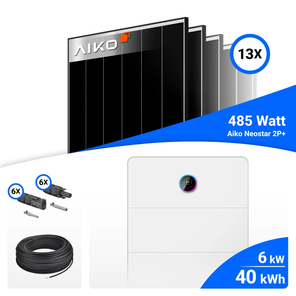 PV-Komplettset mit 13 AIKO 485-W-Solarmodulen, GoodWe 6-kW-Wechselrichter mit 40-kWh-Speicher, Anschlusskabeln und Steckverbindern.