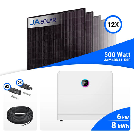 PV-Komplettset 6 kWp mit 12 JA Solar 500 W Full Black Modulen und GoodWe ESA All-in-One-System mit GW8-Speicher, 8 kWh