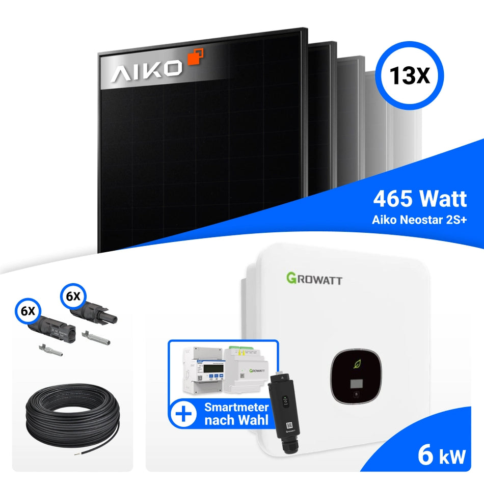 PV Komplettset 6 kWp – 13x AIKO 465W Full Black & Growatt MOD 6000TL3-XH BP mit Speicheroption