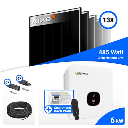 Lieferumfang PV Komplettset 6 kWp mit AIKO 485W Black Frame und Growatt MOD6000TL3-XH-BP