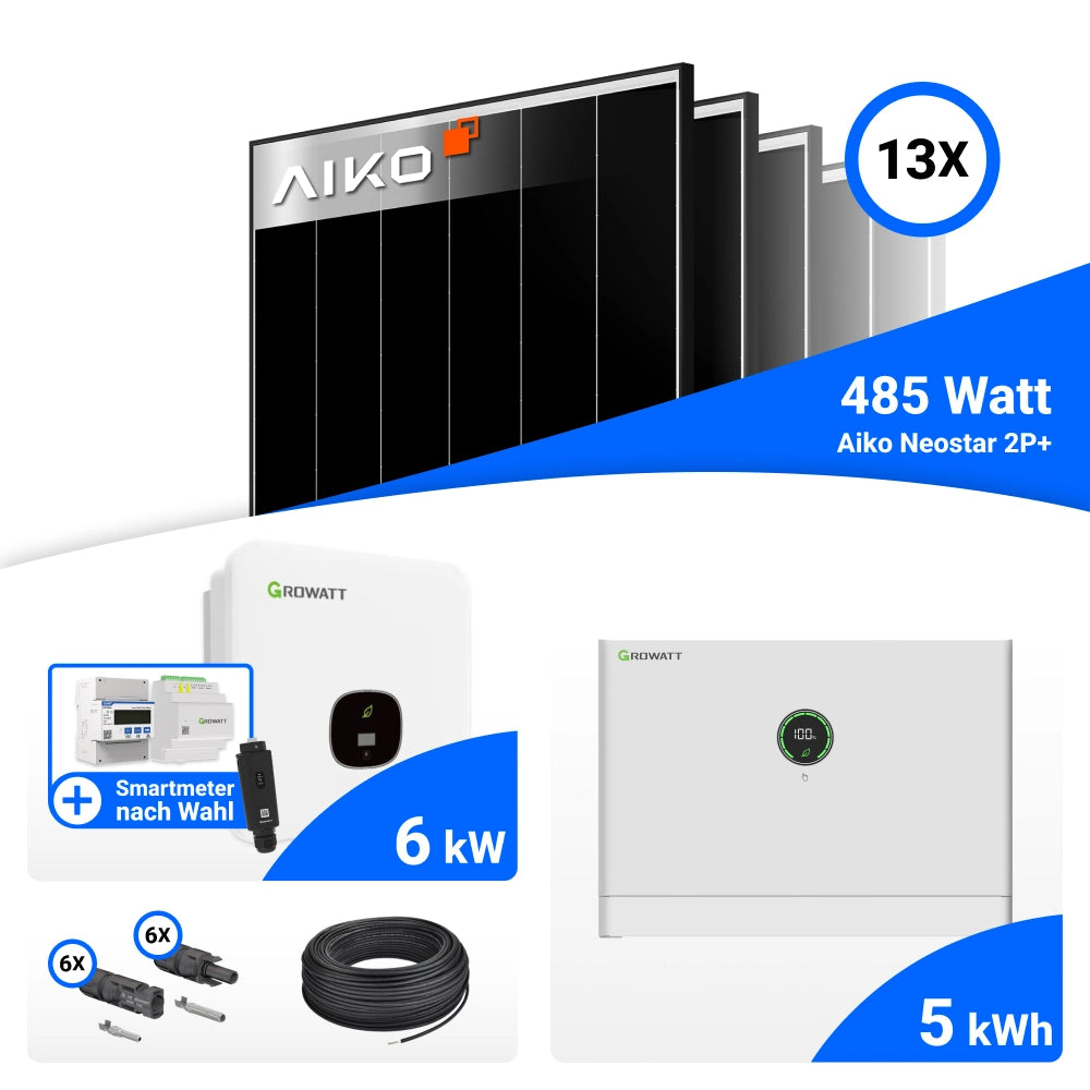 Set-Bestandteile 6 kWp PV Komplettset mit AIKO 485W Black Frame und Growatt MOD6000TL3-XH-BP