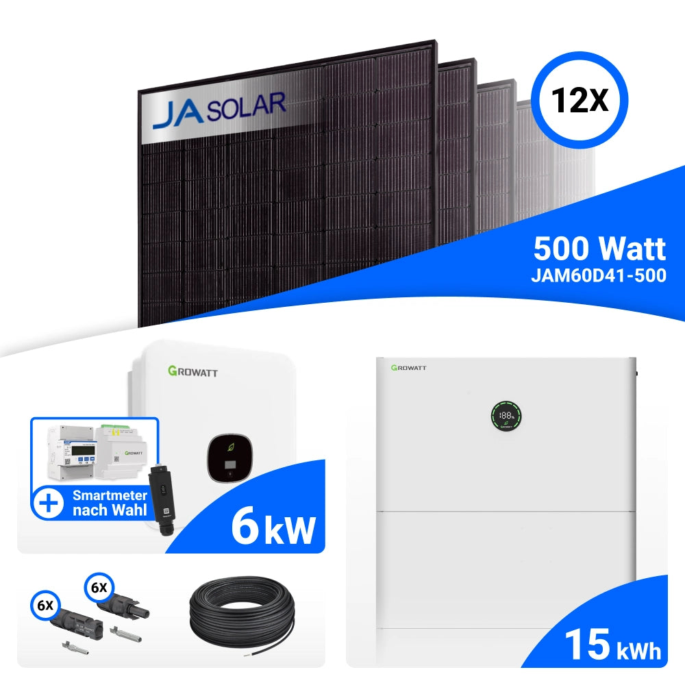 PV-Komplettset 6 kWp mit 12 JA Solar 500 W Full Black Modulen, Growatt MOD 6000TL3-XH BP, Growatt GroHomeManager-X und Growatt APX 15.0M-S3 Speicher