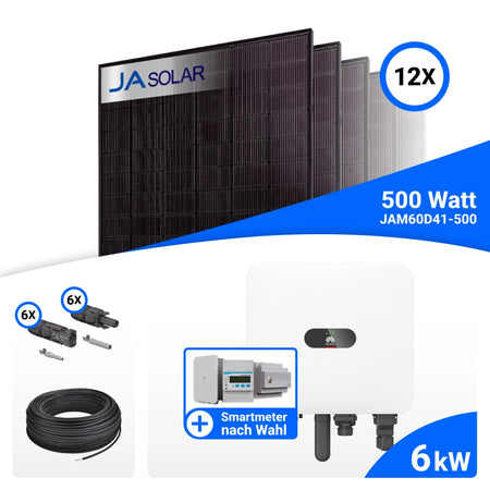 PV-Komplettset 6 kWp mit 12 JA Solar 500 W Full Black Modulen, Huawei SUN2000-6K-MAP0 und Huawei SA4H-A02 / EMMA-A02 Energiemanagement Assistent, ohne Speicher