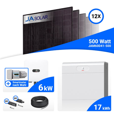 PV-Komplettset 6 kWp mit 12 JA Solar 500 W Full Black Modulen, Huawei SUN2000-6K-MAP0, Huawei Smart Guard 63A-T0 BackUp Box und Huawei LUNA2000-17-S1 Speicher