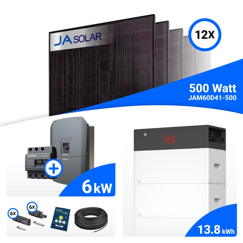 PV-Komplettset 6 kWp mit 12 JA Solar 500 W Full Black Modulen, Kostal Plenticore G3 S und BYD HVM+ Speicher mit 13,8 kWh