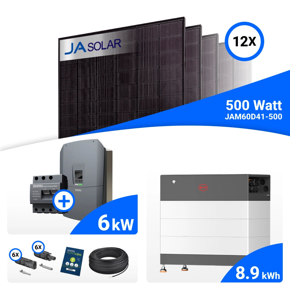 PV-Komplettset 6 kWp mit 12 JA Solar 500 W Full Black Modulen, Kostal Plenticore G3 S und BYD HVB Speicher mit 8,9 kWh