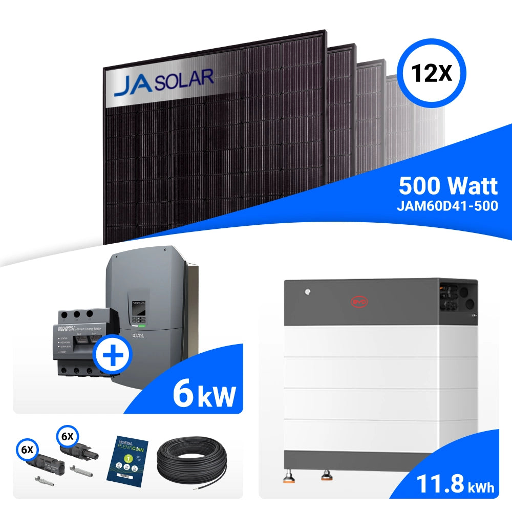 PV-Komplettset 6 kWp mit 12 JA Solar 500 W Full Black Modulen, Kostal Plenticore G3 S und BYD HVB Speicher mit 11,8 kWh