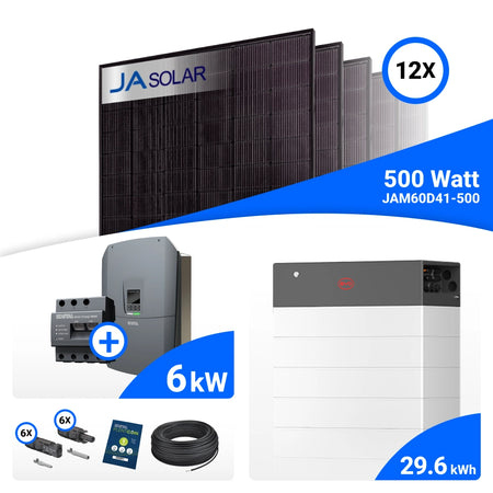 PV-Komplettset 6 kWp mit 12 JA Solar 500 W Full Black Modulen, Kostal Plenticore G3 S und BYD HVB Speicher mit 29,6 kWh