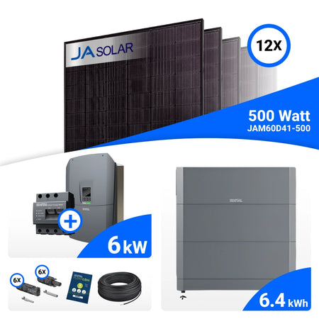 PV-Komplettset 6 kWp mit 12 JA Solar 500 W Full Black Modulen, Kostal Plenticore G3 S und Helivor HV Speicher mit 6,4 kWh