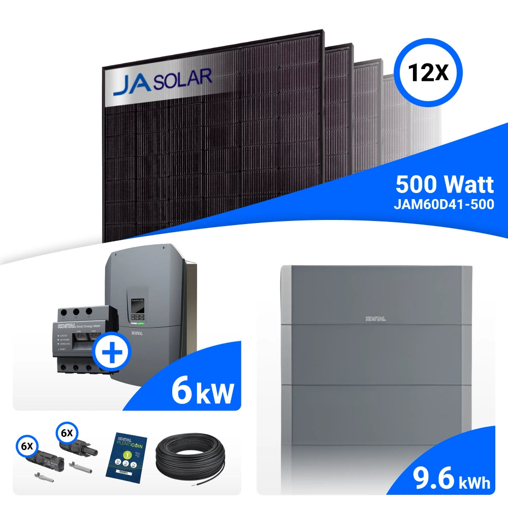 PV-Komplettset 6 kWp mit 12 JA Solar 500 W Full Black Modulen, Kostal Plenticore G3 S und Helivor HV Speicher mit 9,6 kWh