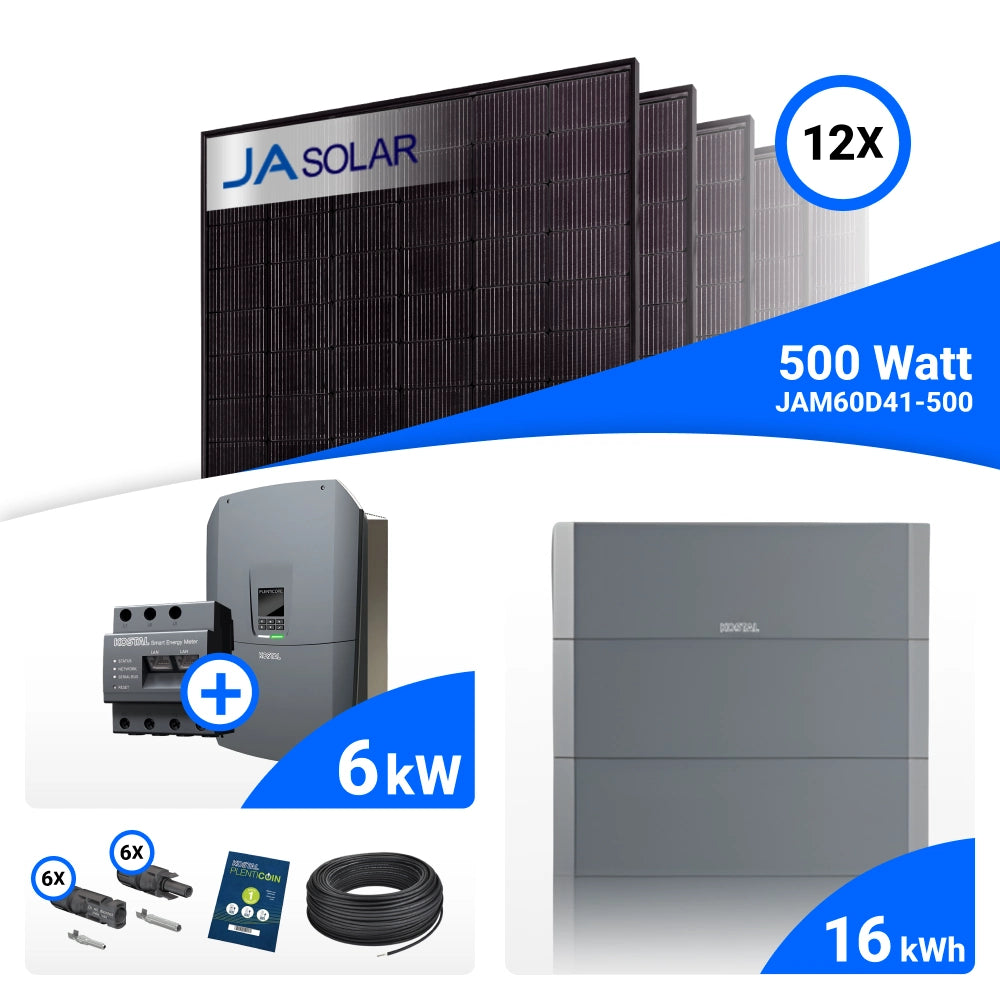 PV-Komplettset 6 kWp mit 12 JA Solar 500 W Full Black Modulen, Kostal Plenticore G3 S und Helivor HV Speicher mit 16 kWh