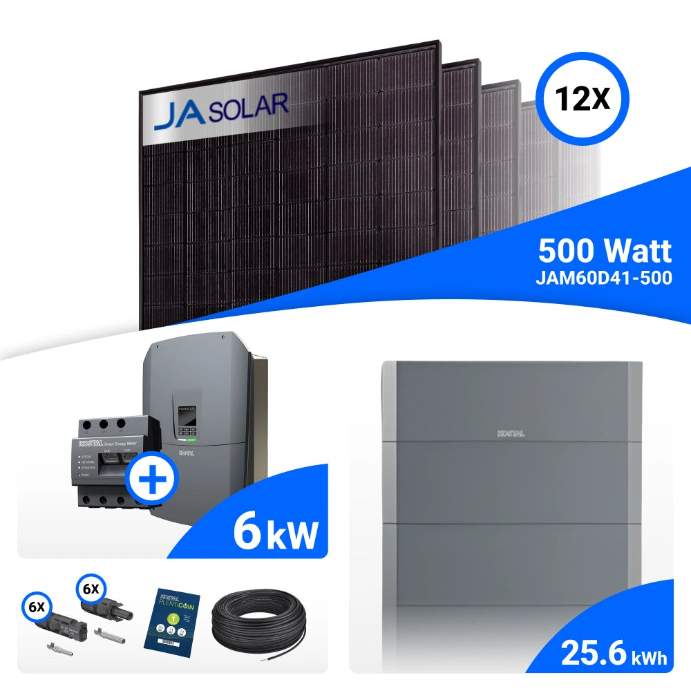 PV-Komplettset 6 kWp mit 12 JA Solar 500 W Full Black Modulen, Kostal Plenticore G3 S und Helivor HV Speicher mit 25,6 kWh