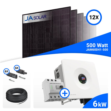 PV-Komplettset 6 kWp mit 12 JA Solar 500 W Full Black Modulen und SMA Sunny Tripower Hybrid X 6.0, ohne Speicher und ohne Backup