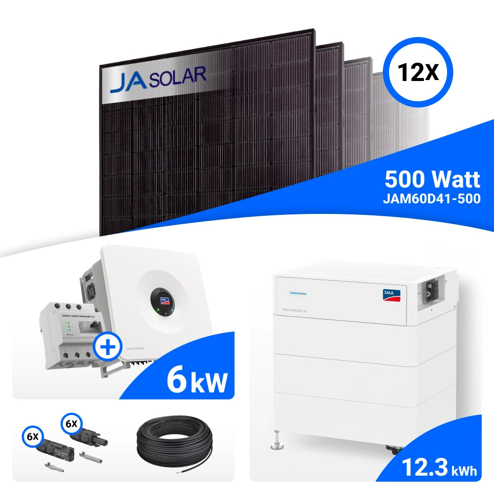 PV-Komplettset 6 kWp mit 12 JA Solar 500 W Full Black Modulen, SMA Sunny Tripower Hybrid X 6.0 und SMA Storage M Speicher mit 12,3 kWh, ohne Backup