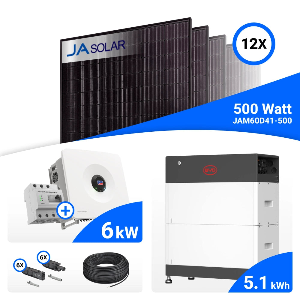 PV-Komplettset 6 kWp mit 12 JA Solar 500 W Full Black Modulen, SMA Sunny Tripower Hybrid X 6.0 und BYD HVS+ Speicher mit 5,1 kWh, ohne Backup