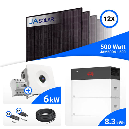 PV-Komplettset 6 kWp mit 12 JA Solar 500 W Full Black Modulen, SMA Sunny Tripower Hybrid X 6.0 und BYD HVM+ Speicher mit 8,3 kWh, ohne Backup