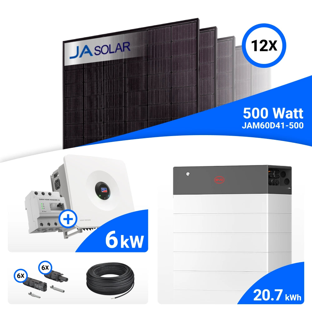 PV-Komplettset 6 kWp mit 12 JA Solar 500 W Full Black Modulen, SMA Sunny Tripower Hybrid X 6.0 und BYD HVB Speicher mit 20,7 kWh, ohne Backup