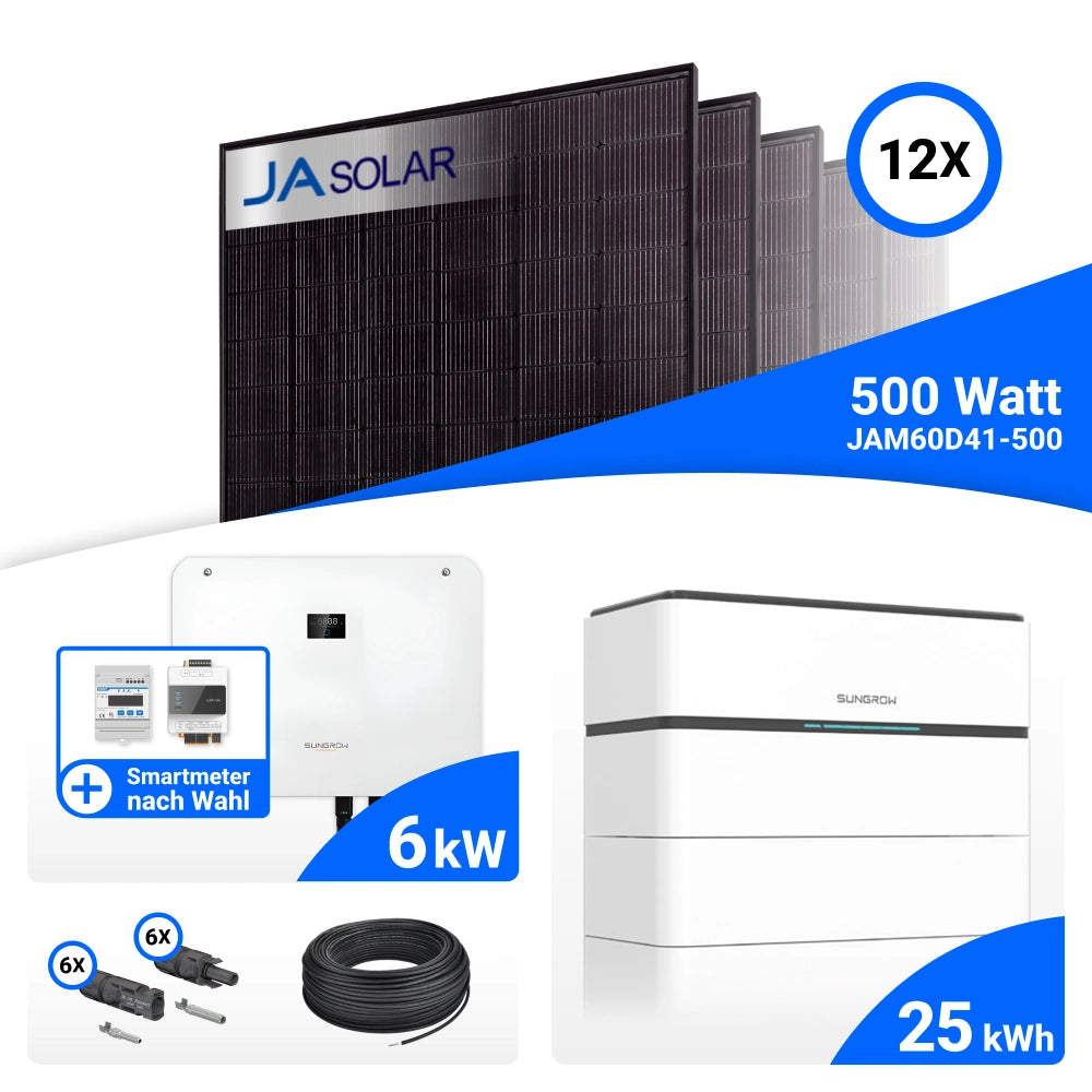 PV-Komplettset 6 kWp mit 12 JA Solar 500 W Full Black Modulen, Sungrow SH6T, Sungrow iHome Manager und Sungrow SBH250 Speicher