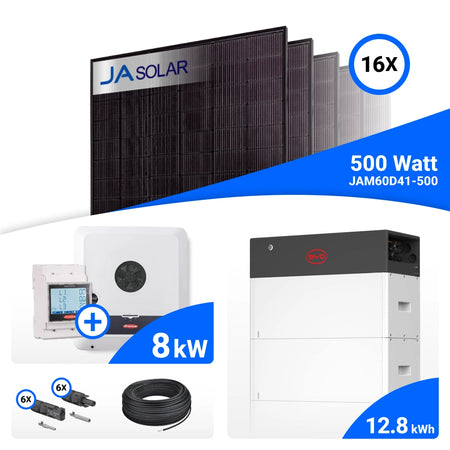 PV-Komplettset 8 kWp mit 16 JA Solar 500 W Full Black Modulen, Fronius SYMO-GEN24 8.0 Plus SC und BYD HVS+ Speicher mit 12,8 kWh