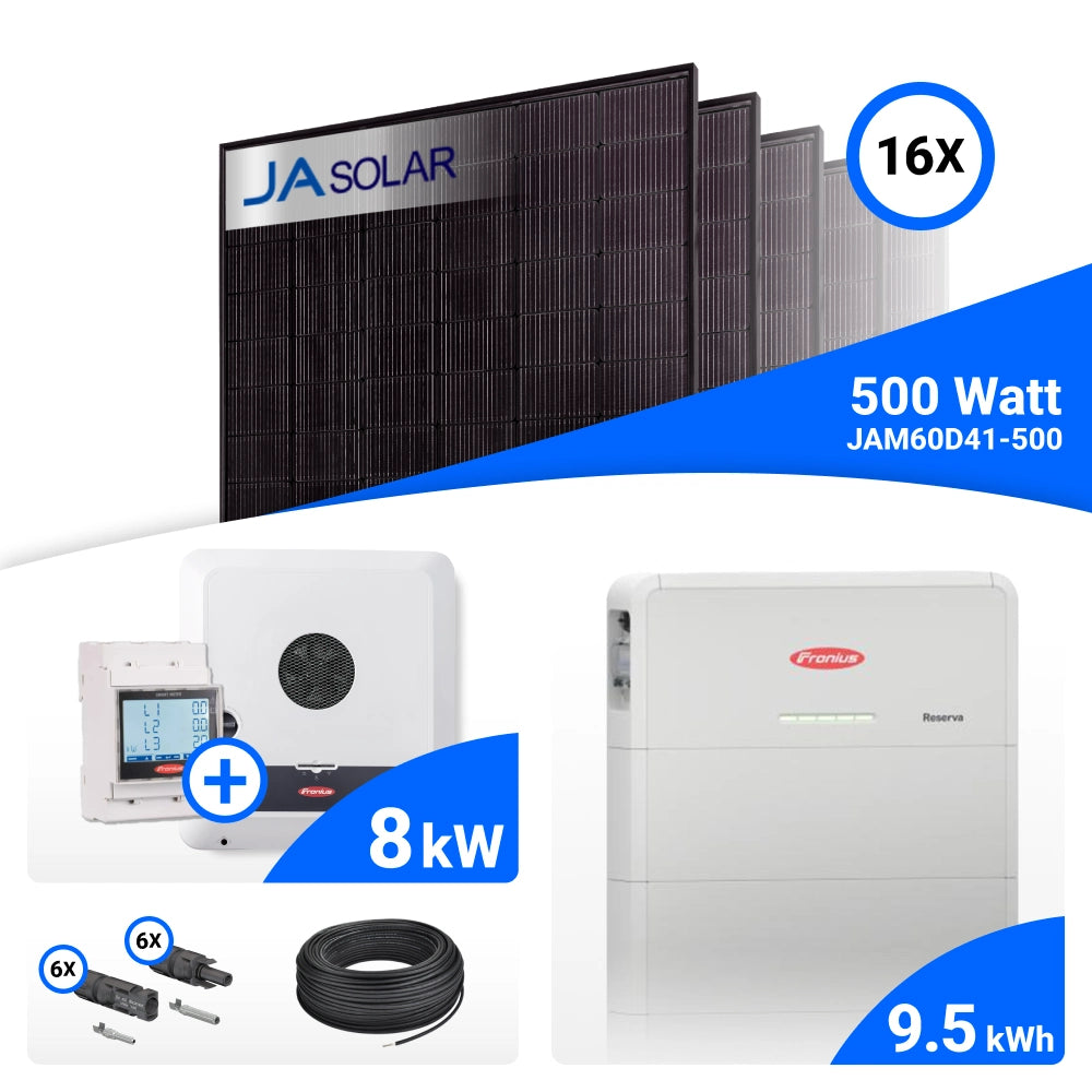 PV-Komplettset 8 kWp mit 16 JA Solar 500 W Full Black Modulen, Fronius SYMO-GEN24 8.0 Plus SC und Fronius Reserva 9.5 Speicher