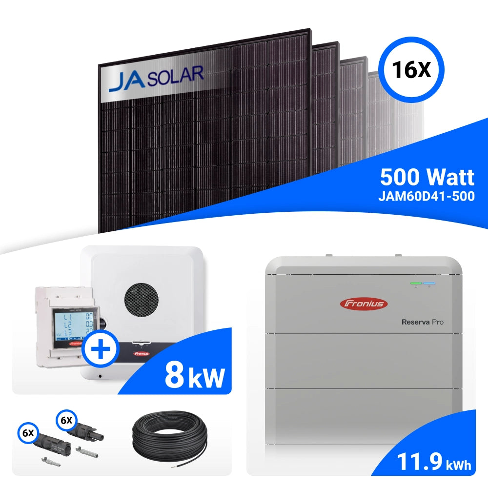 PV-Komplettset 8 kWp mit 16 JA Solar 500 W Full Black Modulen, Fronius SYMO-GEN24 8.0 Plus SC und Fronius Reserva Pro 12.0 Speicher