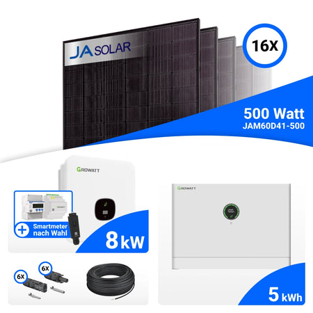 PV-Komplettset 8 kWp mit 16 JA Solar 500 W Full Black Modulen, Growatt MOD 8000TL3-XH BP, Growatt Smart Meter TPM-C und Growatt APX 5.0M-S3 Speicher