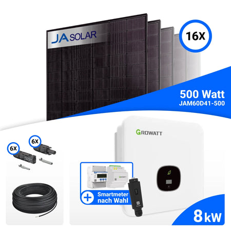 PV-Komplettset 8 kWp mit 16 JA Solar 500 W Full Black Modulen, Growatt MOD 8000TL3-XH BP und Growatt GroHomeManager-X, ohne Speicher