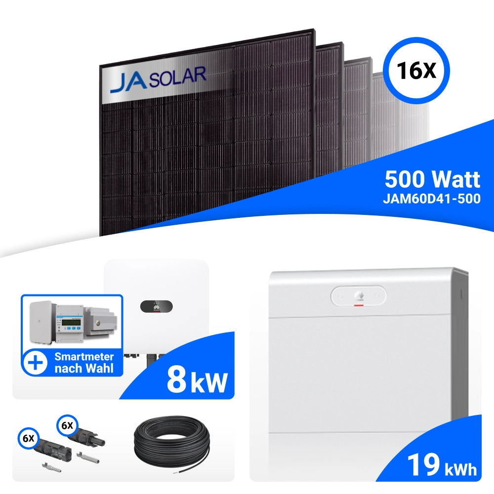 PV-Komplettset 8 kWp mit 16 JA Solar 500 W Full Black Modulen, Huawei SUN2000-8K-MAP0, Huawei SA4H-A02 / EMMA-A02 Energiemanagement Assistent und Huawei LUNA2000-19-S1 Speicher