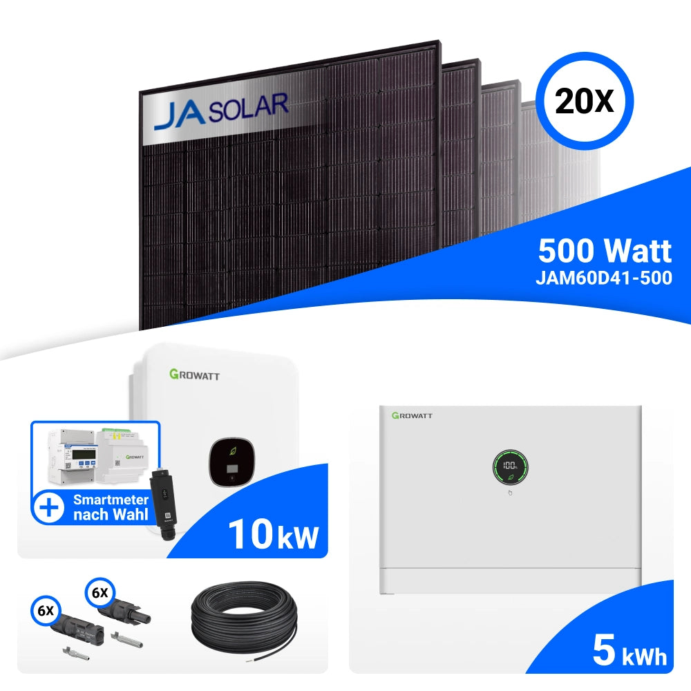 PV-Komplettset 10 kWp mit 20 JA Solar 500 W Full Black Modulen, Growatt MOD 10KTL3-XH BP, Growatt Smart Meter TPM-C und Growatt APX 5.0M-S3 Speicher