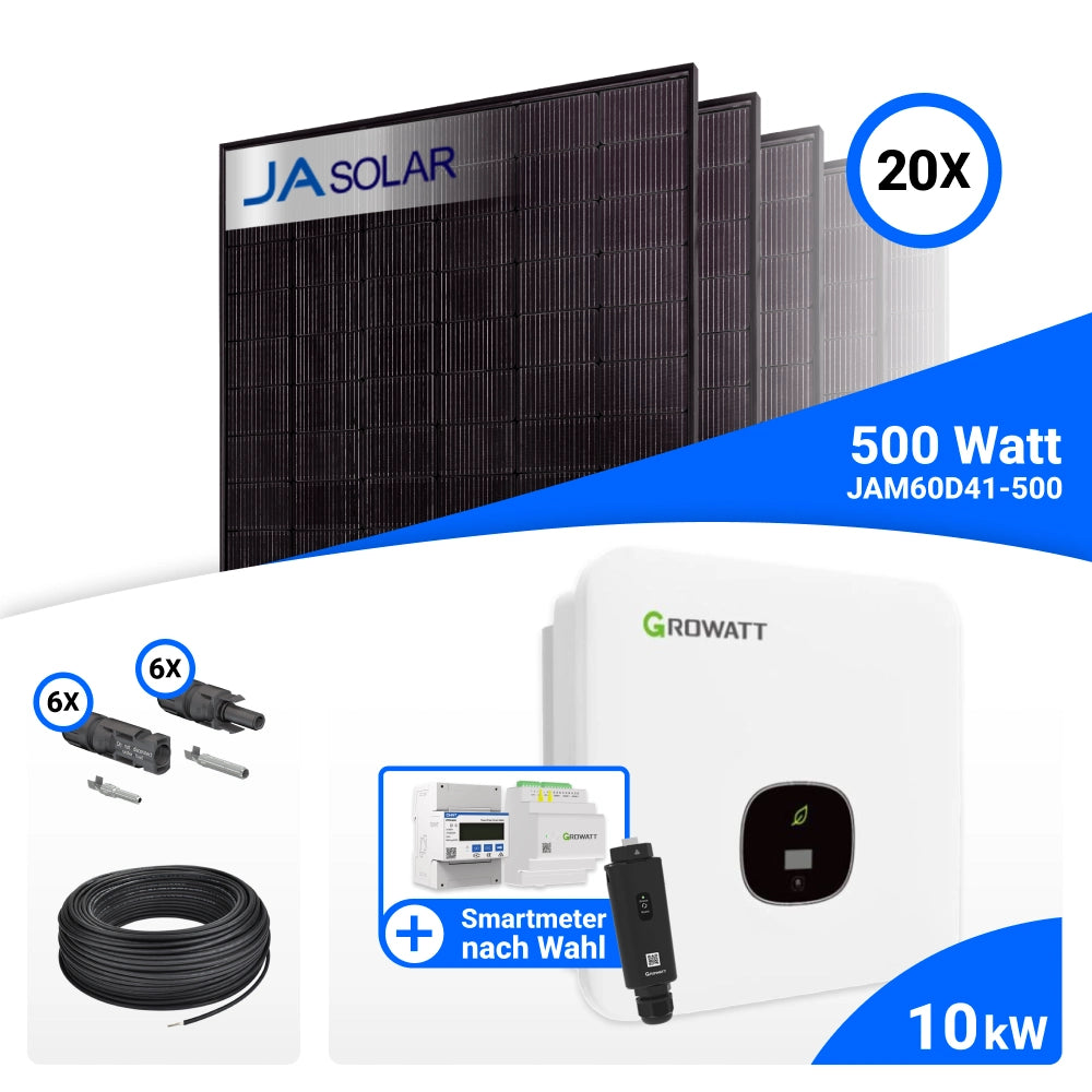 PV-Komplettset 10 kWp mit 20 JA Solar 500 W Full Black Modulen, Growatt MOD 10KTL3-XH BP und Growatt GroHomeManager-X, ohne Speicher