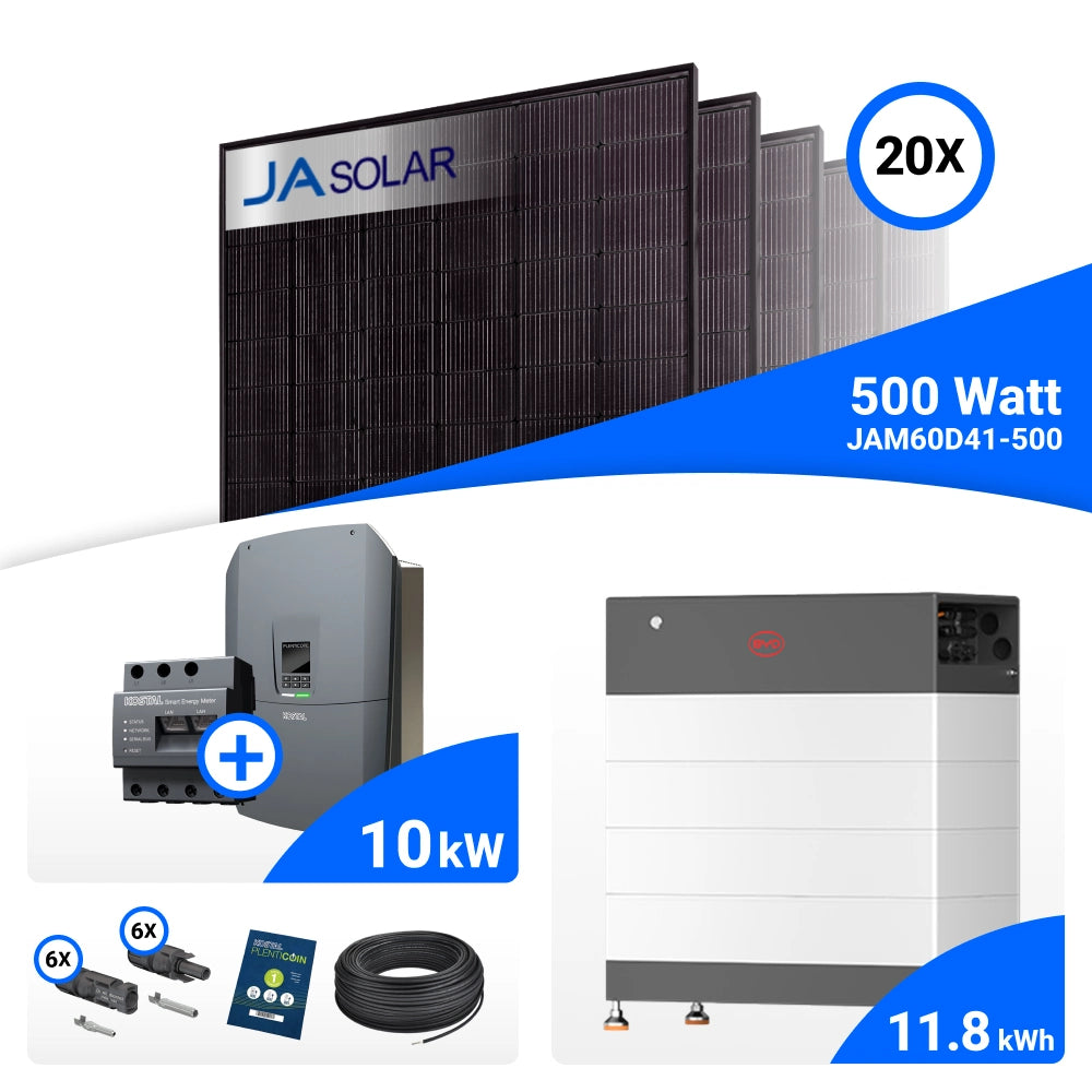 PV-Komplettset 10 kWp mit 20 JA Solar 500 W Full Black Modulen, Kostal Plenticore G3 M und BYD HVB Speicher mit 11,8 kWh