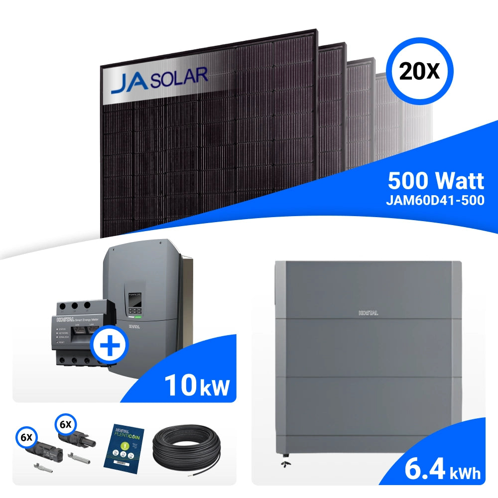 PV-Komplettset 10 kWp mit 20 JA Solar 500 W Full Black Modulen, Kostal Plenticore G3 M und Helivor HV Speicher mit 6,4 kWh