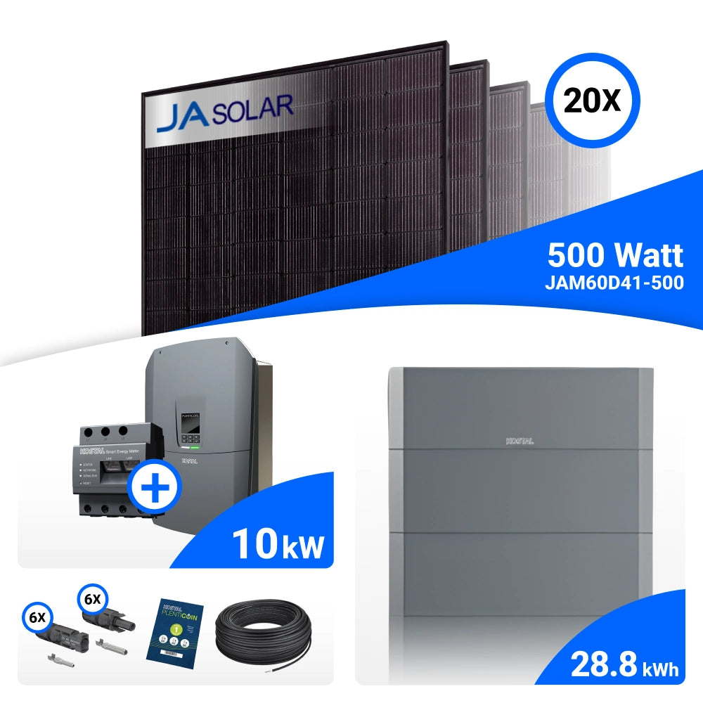 PV-Komplettset 10 kWp mit 20 JA Solar 500 W Full Black Modulen, Kostal Plenticore G3 M und Helivor HV Speicher mit 28,8 kWh