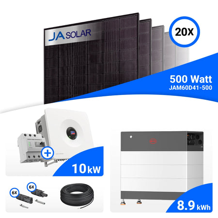 PV-Komplettset 10 kWp mit 20 JA Solar 500 W Full Black Modulen, SMA Sunny Tripower Hybrid X 10.0 und BYD HVB Speicher mit 8,9 kWh, ohne Backup