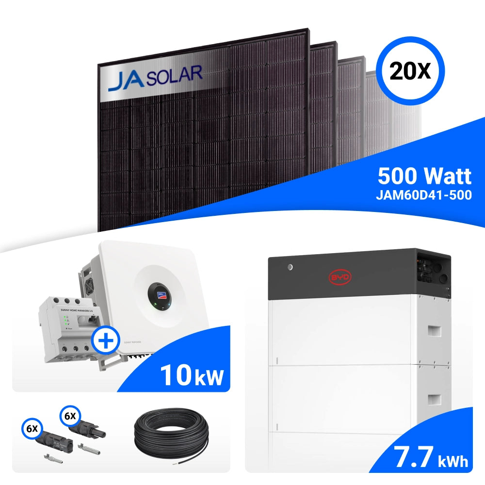 PV-Komplettset 10 kWp mit 20 JA Solar 500 W Full Black Modulen, SMA Sunny Tripower Hybrid X 10.0 und BYD HVS+ Speicher mit 7,7 kWh, mit Backup-Box