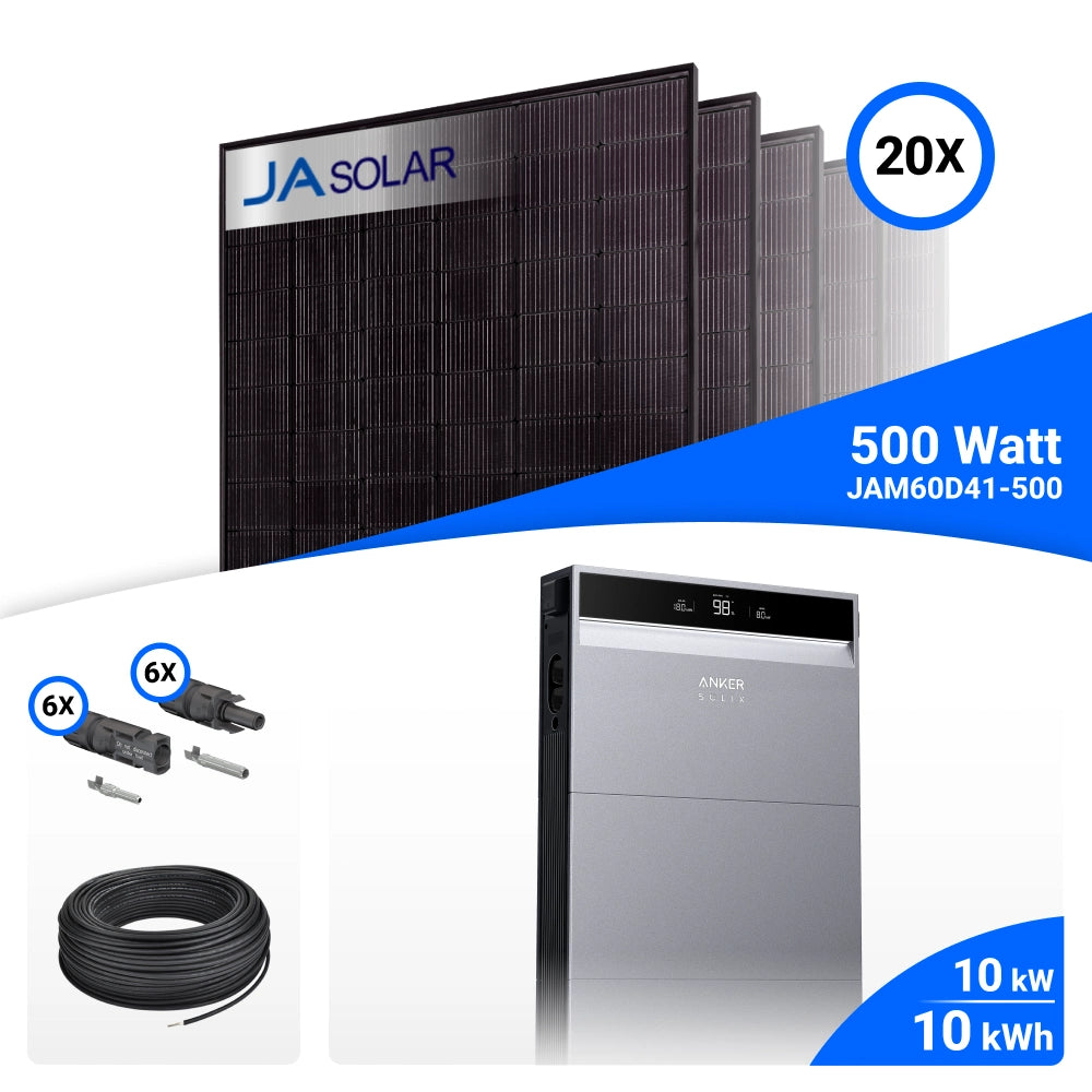 PV-Komplettset 10 kWp mit 20 JA Solar 500 W Full Black Modulen, Anker SOLIX X1-H10K-T und Anker X1 Speicher mit 10 kWh