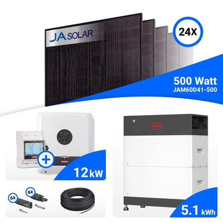 PV-Komplettset 12 kWp mit 24 JA Solar 500 W Full Black Modulen, Fronius SYMO-GEN24 12.0 Plus SC und BYD HVS+ Speicher mit 5,1 kWh
