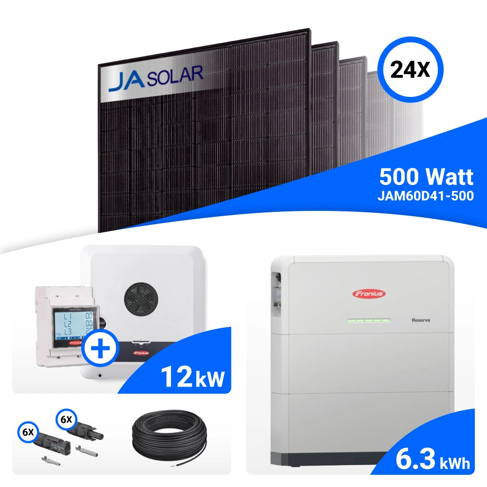 PV-Komplettset 12 kWp mit 24 JA Solar 500 W Full Black Modulen, Fronius SYMO-GEN24 12.0 Plus SC und Fronius Reserva 6.3 Speicher